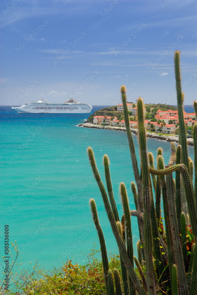 Great Bay St Maarten with cruise ship and cactus Great Bay St Maarten with cruise ship and cactus