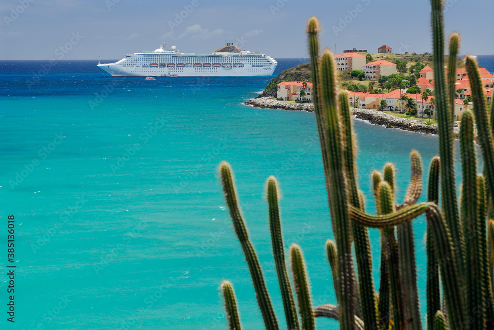 Great Bay St Maarten with cruise ship and tall cactus Great Bay St Maarten with cruise ship and tall cactus