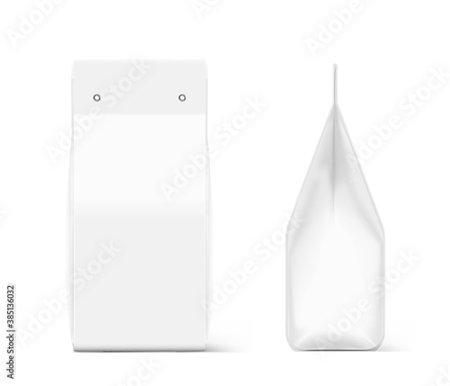 Transparent bag package with cardboard valve. Vector illustration isolated on white background. Mockup ready for your design, promo, adv. EPS10.	