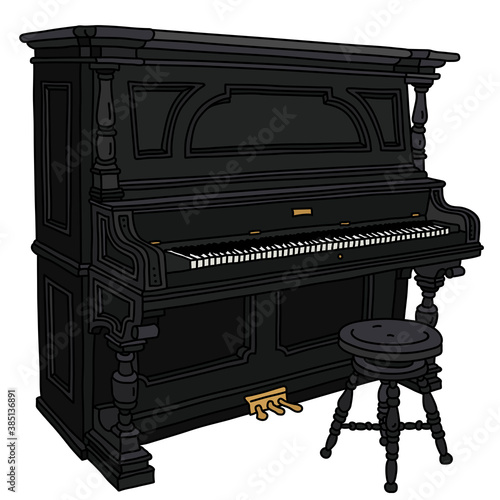 The vectorized hand drawing of a vintage black opened pianino with a chair
