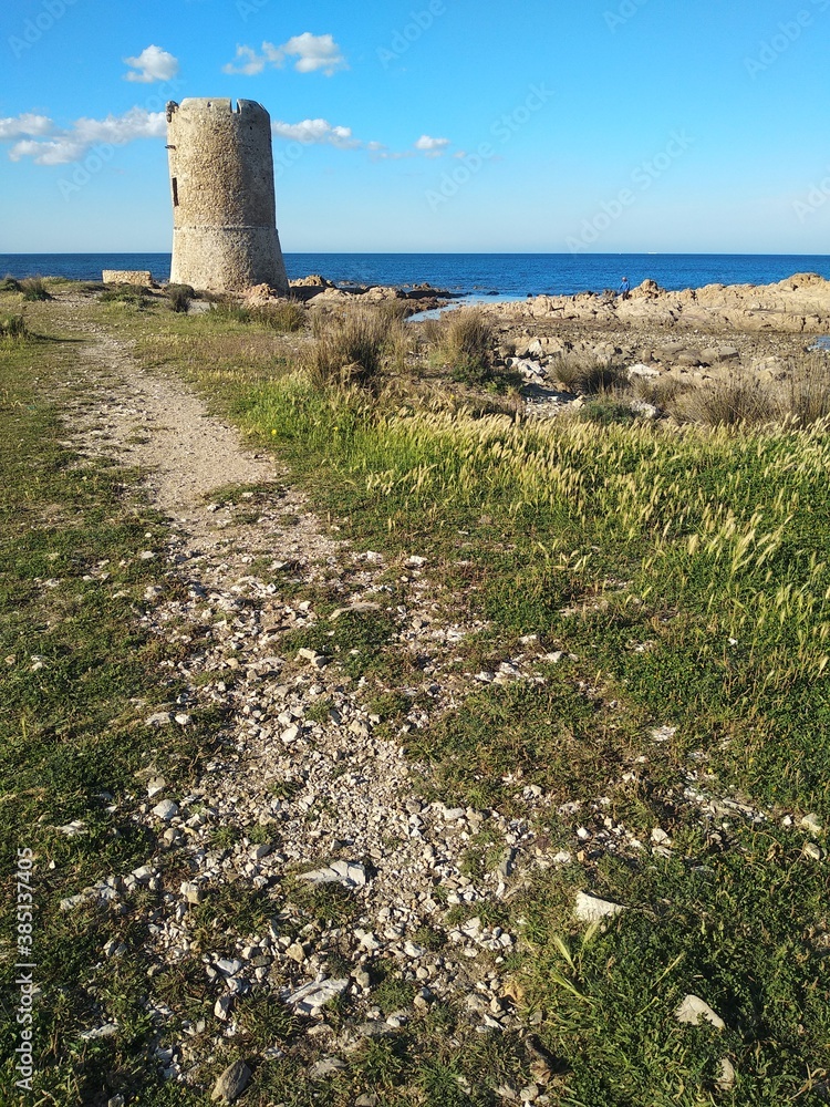 Scenic landscape and San Giovanni tower in Sardinia