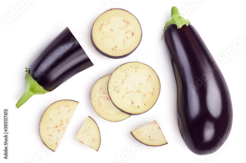 Bild auf Leinwand Eggplant or aubergine with slices isolated on white background