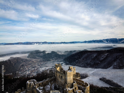 Lietava castle view by winter, Slovakia photo