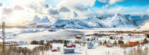 Breathtaking winter scenery over Bostad village and Torvdalshalsen lake seen from Torvdalshalsen.