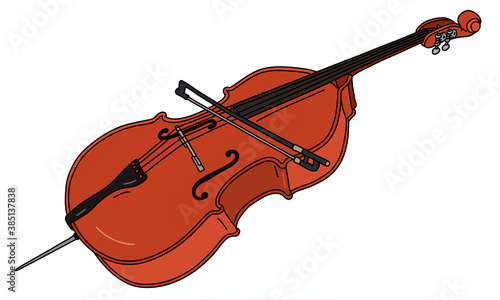 The vectorized hand drawing of a classic contrabass with a bow