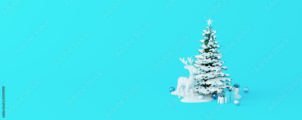 Decorated Christmas tree with reindeer and gifts isolated on blue pastel background 3d render 3d illustration