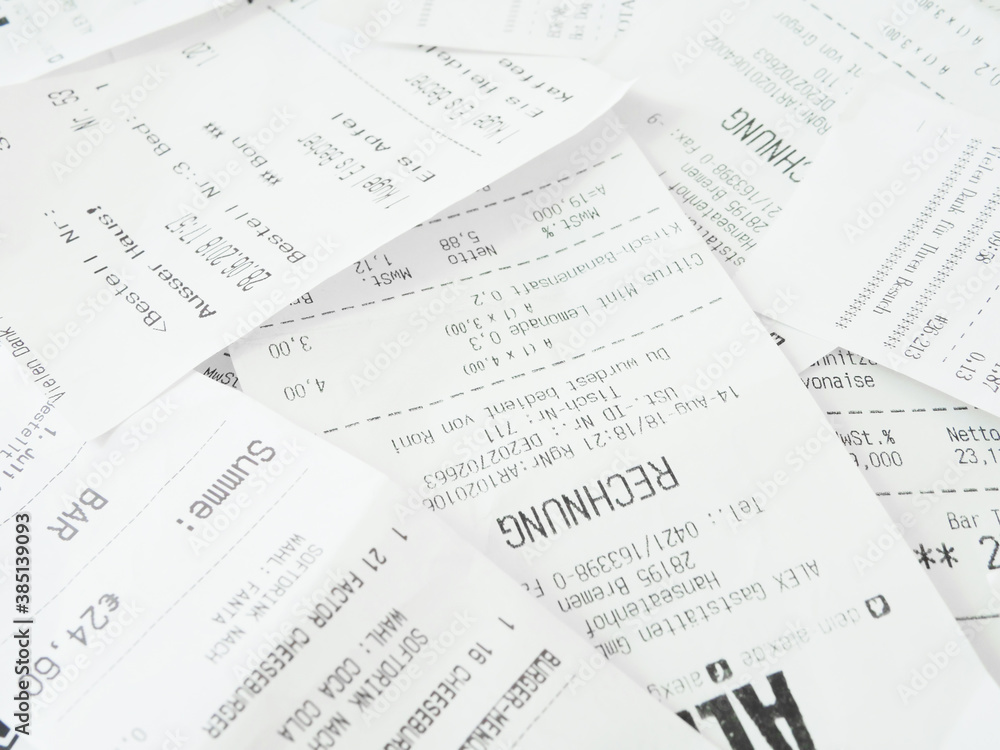 Pile of Paper Receipts. Paper Waste Background.
