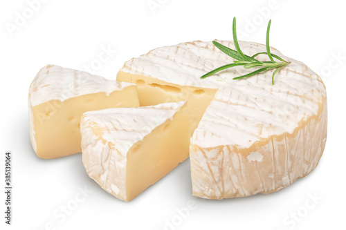Camembert cheese with rosemary isolated on white background with clipping path and full depth of field