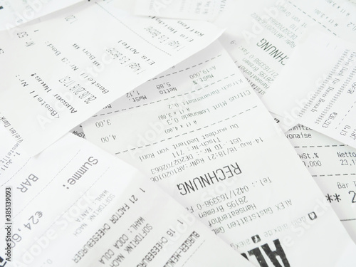 Pile of Paper Receipts. Paper Waste Background.
