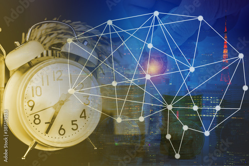 Double exposure business network connection and global economy and money  trading graph background. Trend of future digital business economy. elements of this Images furnished by NASA. 