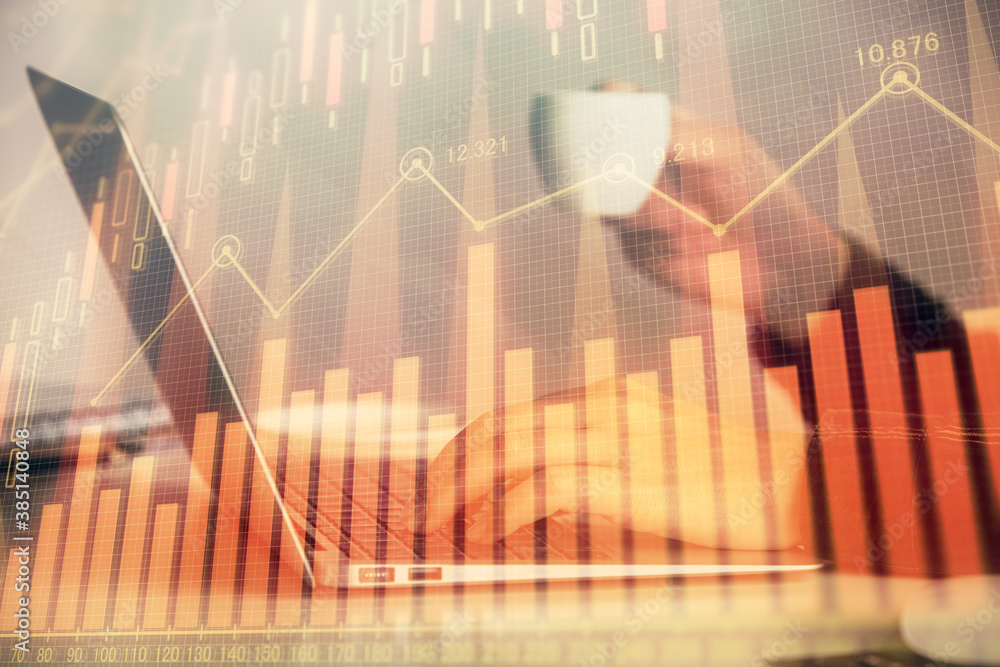 Double exposure of businesswoman hands typing on computer and forex graph hologram drawing. Financial analysis concept. Double exposure of businesswoman hands typing on computer and forex graph hologram drawing. Financial analysis concept.