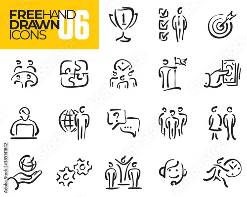 Business line icons set. Hand drawn icons. Human resources. Doodles.