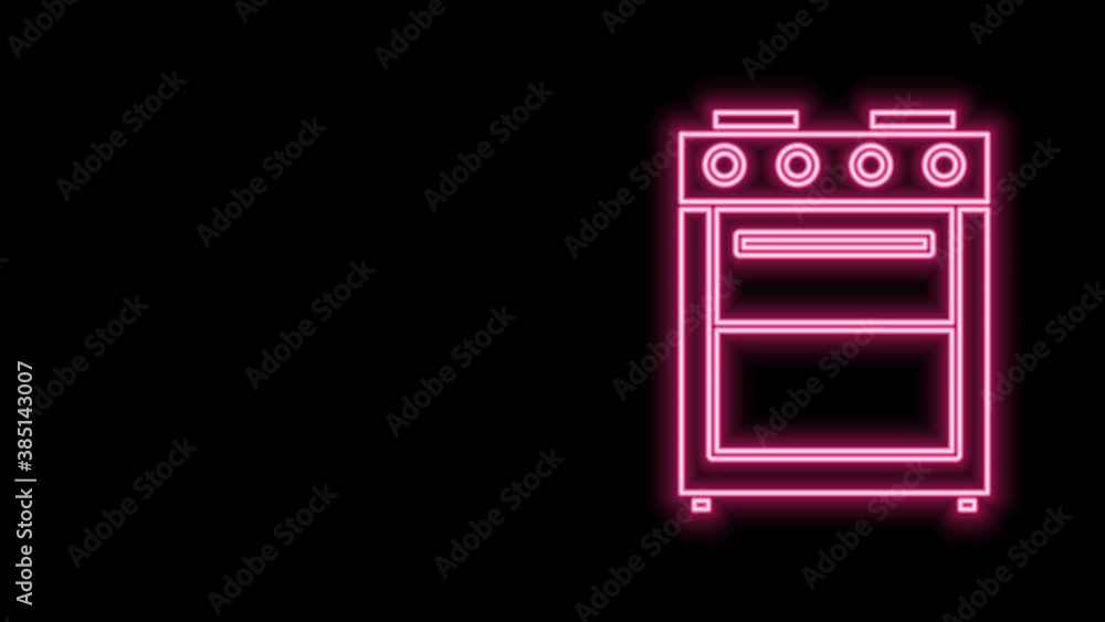 Glowing neon line Oven icon isolated on black background. Stove gas oven sign. 4K Video motion graphic animation