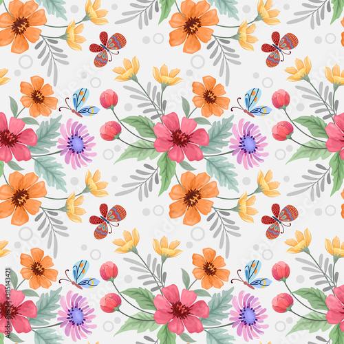 Colorful hand draw flowers seamless pattern for fabric textile wallpaper. © teerawat