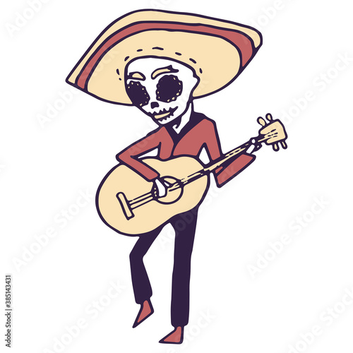 Mexican guitar player on white isolated backdrop. Day of the dead symbol for invitation or gift card  notebook  bath tile  scrapbook Phone case or cloth print Doodle style stock vector illustration