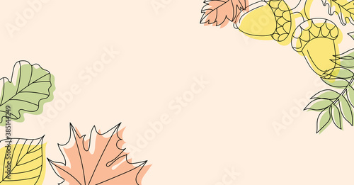 Autumn background in linear style with an acorn and some leaves. 