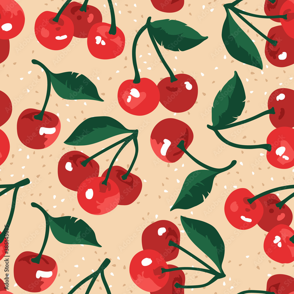 Vector summer pattern with sweet cherries and leaves. Seamless texture design. Vector summer pattern with sweet cherries and leaves. Seamless texture design.