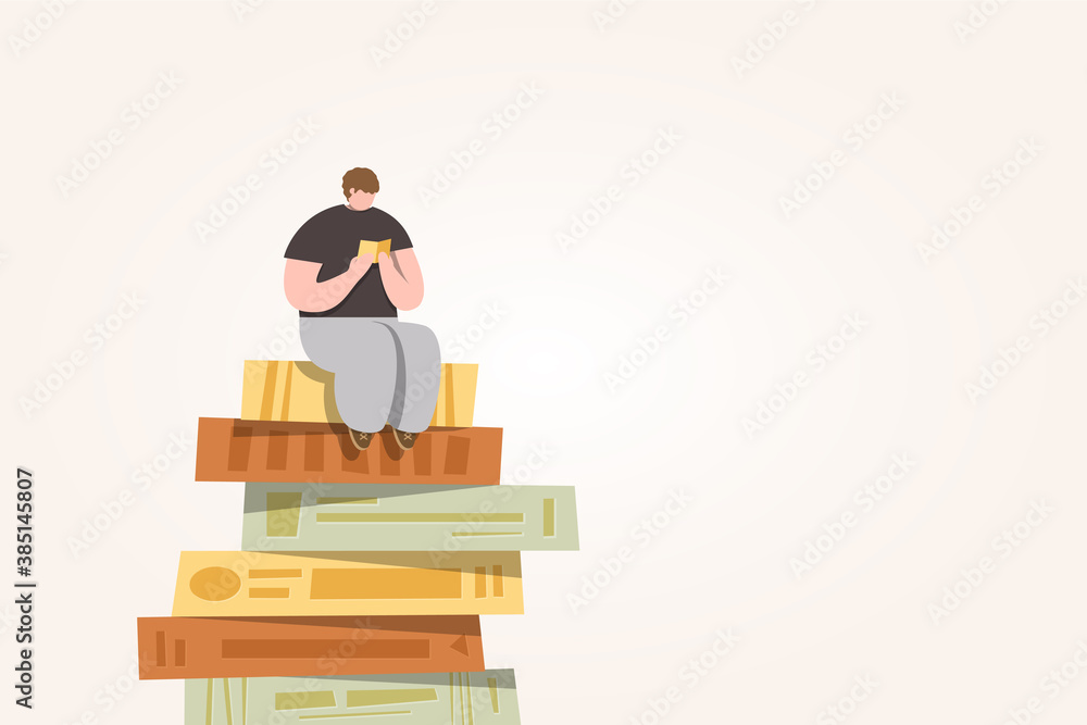 A man sitting and reading a book on stack of books, Pile of books illustration cartoon vector A man sitting and reading a book on stack of books, Pile of books illustration cartoon vector