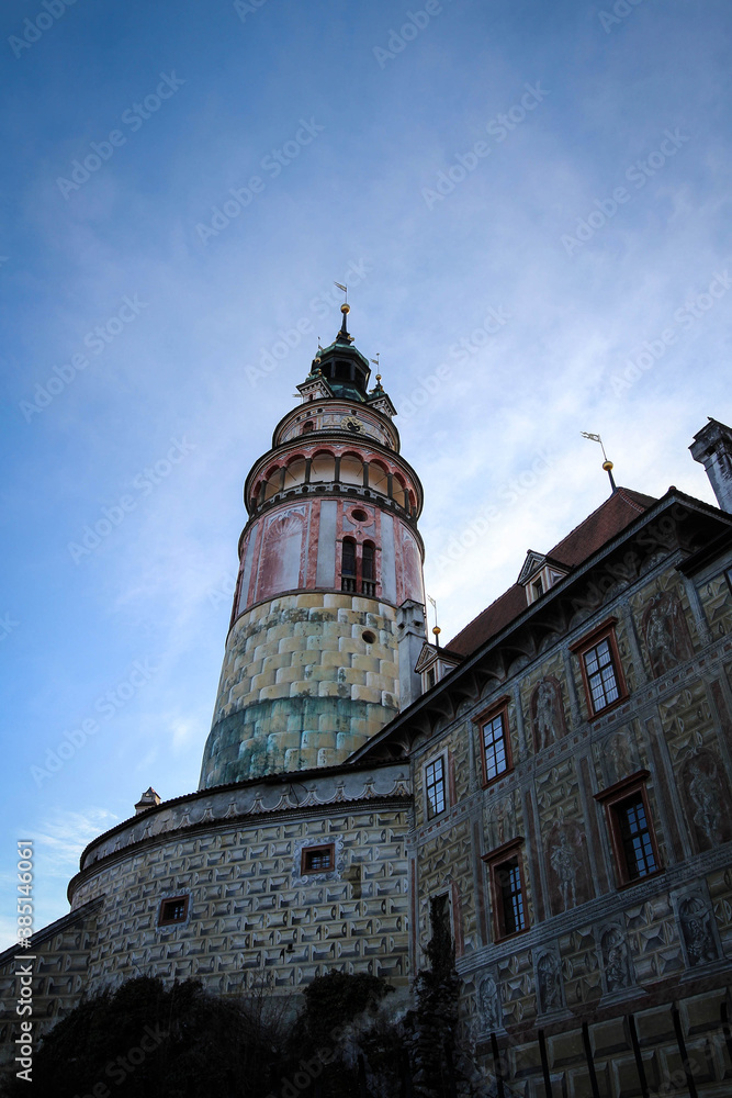 Colorful tower of Cesky Krumlov castle, Czech Republic