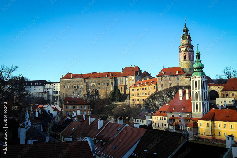 Fototapeta premium Panoramic view of Cesky Krumlov historic town and castle tower, Czech Republic