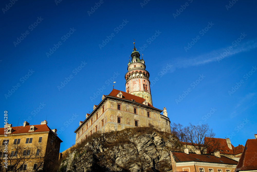 Colorful tower of Cesky Krumlov castle, Czech Republic