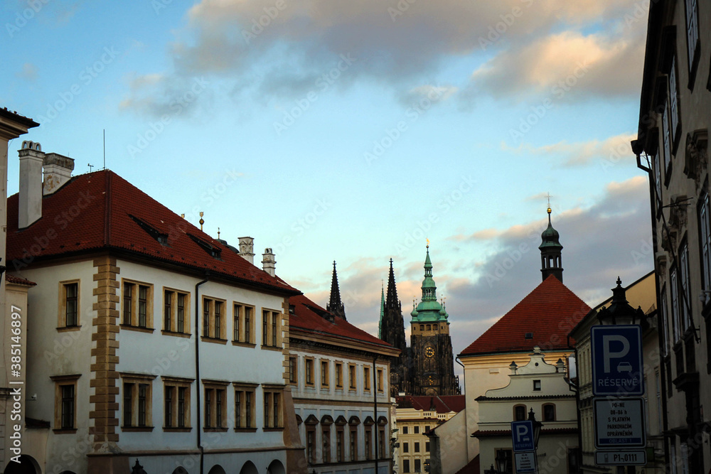 Fototapeta premium Bright Prague streets view by autumn twilight, Czech Republic