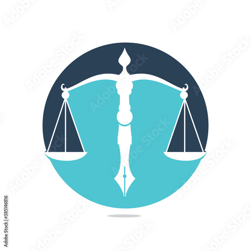 Law logo vector with judicial balance symbolic of justice scale in a pen nib. Logo vector for law, court, justice services and firms.	