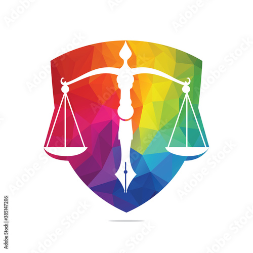 Law logo vector with judicial balance symbolic of justice scale in a pen nib. Shield Balance with Pen Nib vector template design.