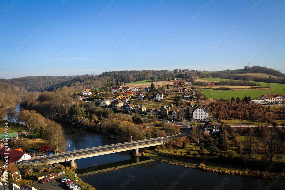 Sazava river view near Cesky Sternberk castle by autumn, Czech Republic