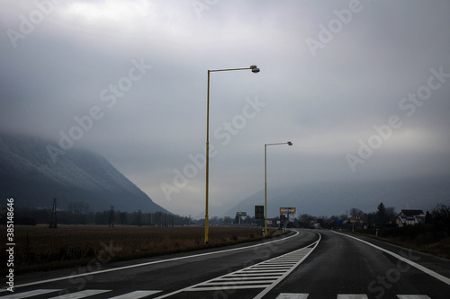 Frozen winter road view  Tatras region  Slovakia