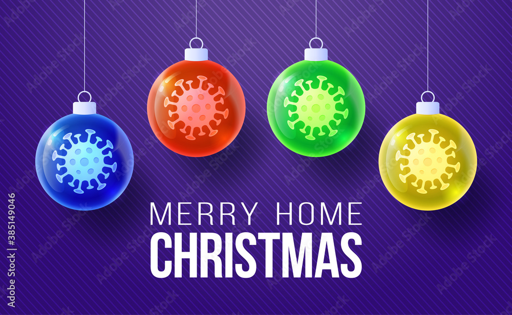 Merry home Christmas concept. Glossy xmas balls Covid-19 Coronavirus icon concept inscription typography design logo, Contagious diseases of the characters when exposed to a virus vector illustration Merry home Christmas concept. Glossy xmas balls Covid-19 Coronavirus icon concept inscription typography design logo, Contagious diseases of the characters when exposed to a virus vector illustration