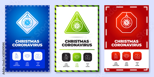 Christmas coronavirus all in one icon poster set vector illustration. Coronavirus protection flyer with outline icon set and road warning sign. Stay at home, use face mask, use hand sanitizer