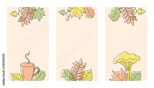 Three different vertical autumn backgrounds in linear style with a mushroom  an acorn  a cup and some leaves.