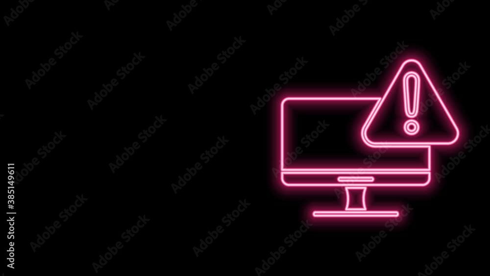 Glowing neon line Computer monitor with exclamation mark icon isolated on black background. Alert message smartphone notification. 4K Video motion graphic animation Glowing neon line Computer monitor with exclamation mark icon isolated on black background. Alert message smartphone notification. 4K Video motion graphic animation