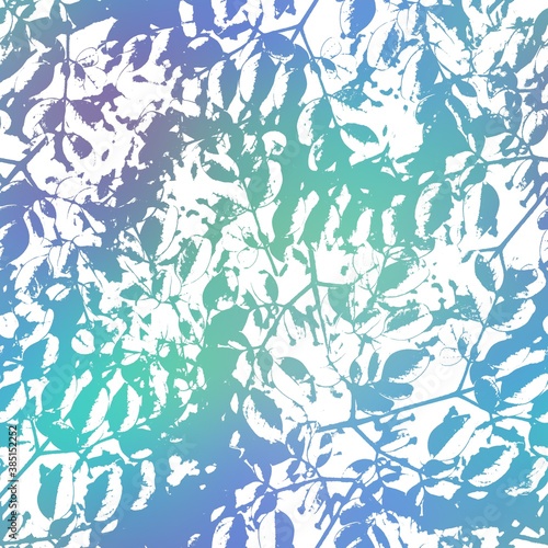 Seamless satin soft pastel color leaves pattern. High quality illustration. Beach or resort wear design of leaves in fuzzy turquoise and white. Repeat raster jpg pattern design.