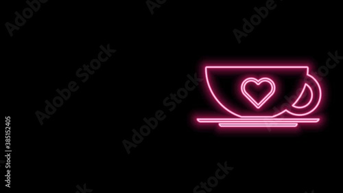 Glowing neon line Coffee cup and heart icon isolated on black background. Couple coffee for lovers on Valentines Day. 4K Video motion graphic animation