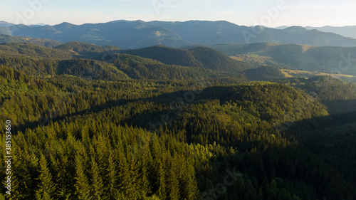 Hiker's camp in morning forest in mountains. Top view