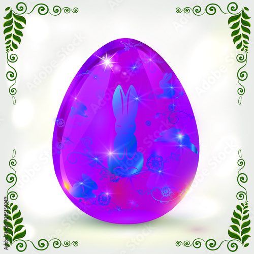 Decorative pink Easter egg painted with a colored ornament with hares on a light background with bokeh effect.