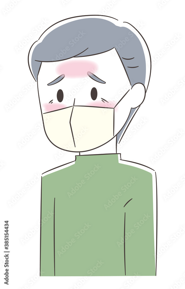 Feverish elderly man wearing a medical mask prevention corona virus or another type of virus. Vector illustration isolated on white background.