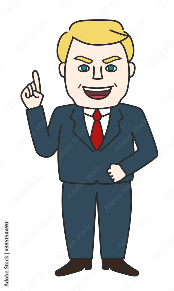 Powerful businessman with a raised index finger. Vector illustration isolated on white background. Powerful businessman with a raised index finger. Vector illustration isolated on white background.