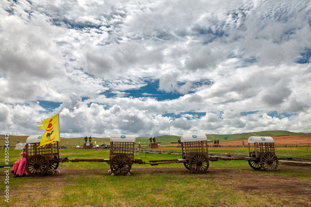 Fototapeta premium The gharry in the summer grassland of Hulunbuir of China.