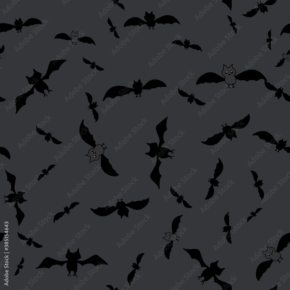 Dark of the Night seamless repeat vector swarm of bats silhouetted against the gray night sky surface pattern design Dark of the Night seamless repeat vector swarm of bats silhouetted against the gray night sky surface pattern design