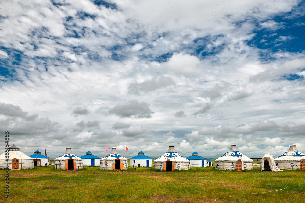 Mongolian yurts on the Hulunbuir grassland of Inner Mongolia, China.