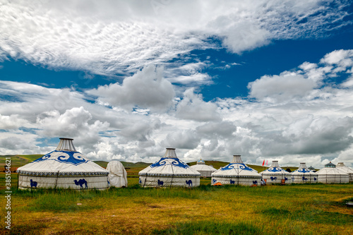 Mongolian yurts on the Hulunbuir grassland of Inner Mongolia, China.