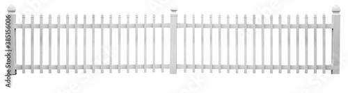 Isolated white vinyl picket fence.