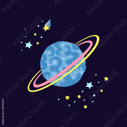 Planet with stars cartoon illustration. Card cartoon abstract planet dark background. Astronomical observatory. Mercury venus earth jupiter saturn neptun. Astronomy galaxy space. Vector illustration
