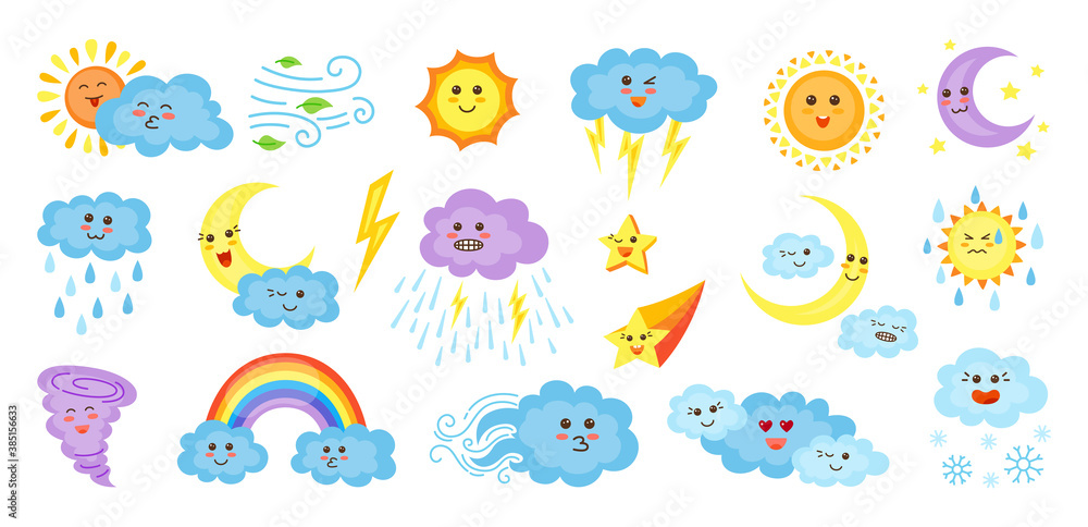 Fototapeta premium Weather cartoon characters set. Cute kawaii style emoticons sun and clouds, rain or snow, lightning, moon, star, rainbow. Meteorological signs with faces. Funny symbols forecast weather. Vector