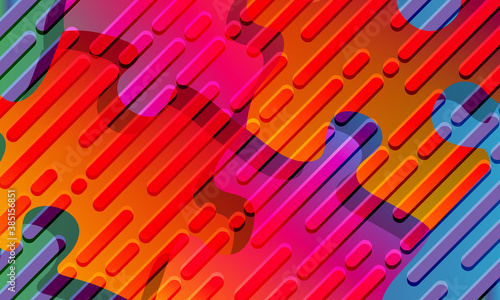 Fond abstrait et psychédélique aux couleurs arc en ciel fluorescentes avec des lignes en biais superposé à des pièces de puzzle.