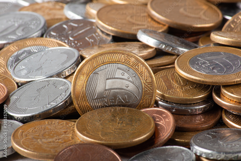 Real currency, money from Brazil. Stack with several Brazilian coins. Real currency, money from Brazil. Stack with several Brazilian coins.