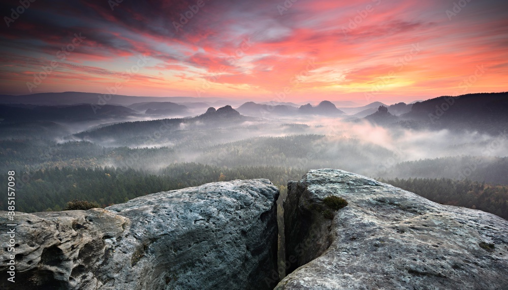 View from the Kleines Winterberg at sunrise, morning mist, crevice, Elbe Sandstone Mountains, Saxon Switzerland National Park, Saxony, Germany, Europe View from the Kleines Winterberg at sunrise, morning mist, crevice, Elbe Sandstone Mountains, Saxon Switzerland National Park, Saxony, Germany, Europe